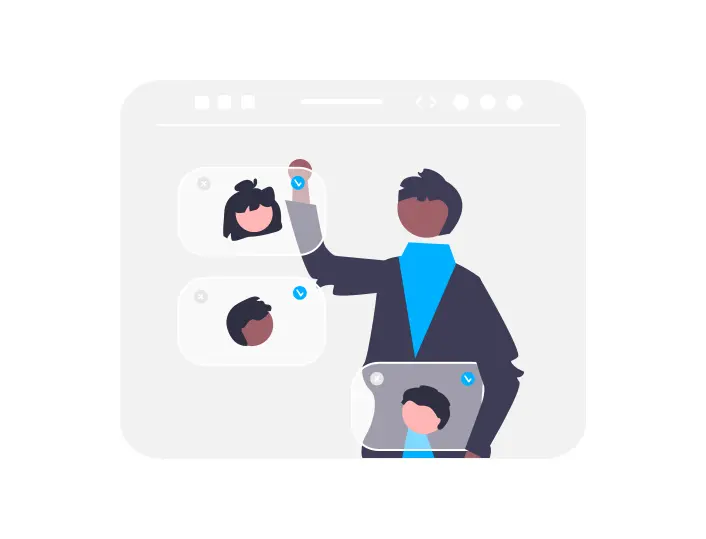 Eine minimalistische Illustration zeigt eine Person, die in einer digitalen Umgebung mit mehreren Profilbildern interagiert. Die Szene symbolisiert soziale Vernetzung oder eine virtuelle Gruppeninteraktion.