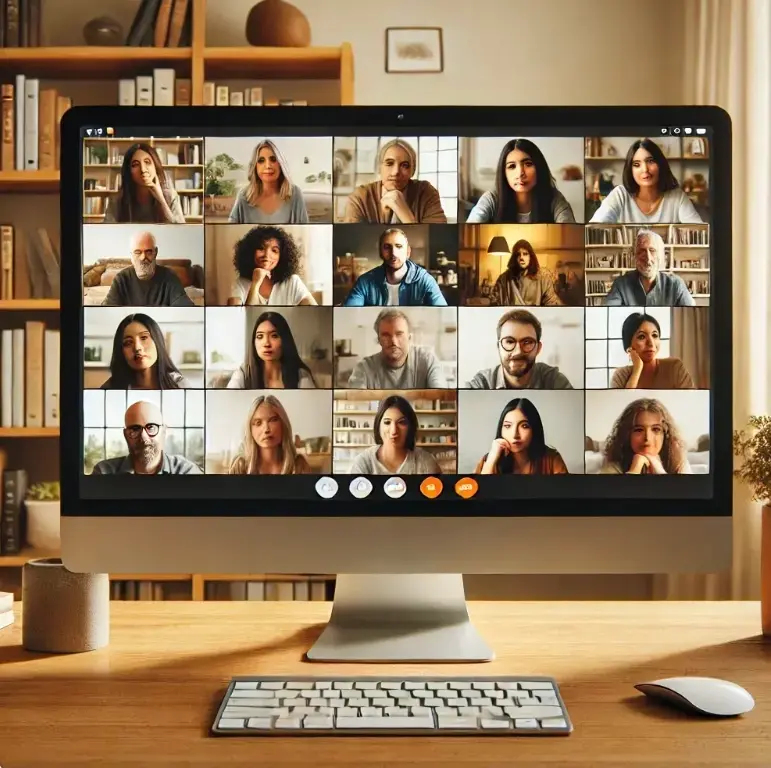 Ein iMac-Bildschirm zeigt eine große virtuelle Videokonferenz mit 20 Teilnehmerinnen und Teilnehmern. Jede Person ist in einer eigenen Kachel zu sehen, viele sitzen vor Bücherregalen oder in gemütlichen Räumen. Der Schreibtisch vor dem Monitor ist aufgeräumt, mit einer Tastatur, einer Maus und einer Tasse.