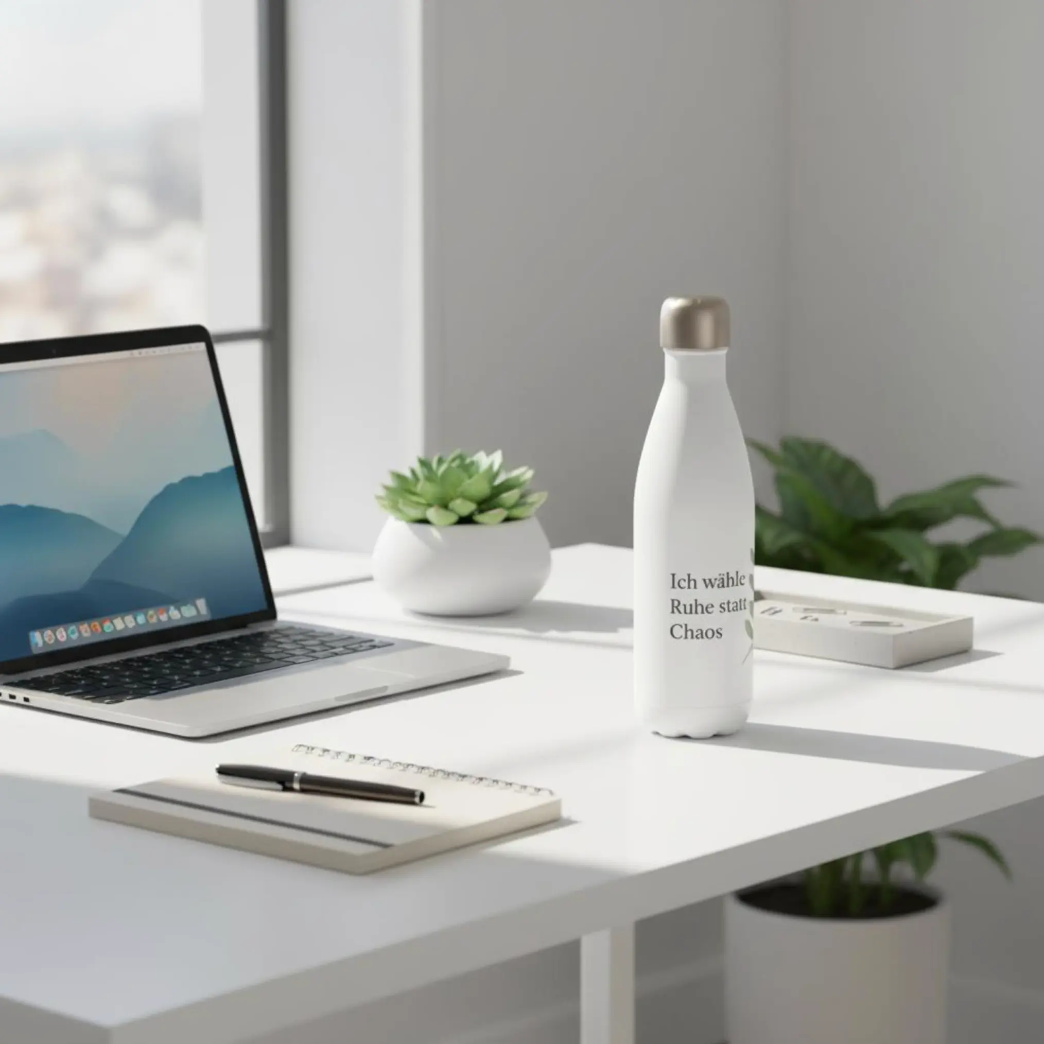 Bild 3: Edelstahl-Wasserflasche mit Affirmation „Ich wähle Ruhe statt Chaos“>
  <img src=